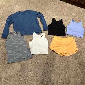 Athleta Girl Set - Cropped Tanks, Camo Tank, Long Sleeve Tee, Orange Shorts